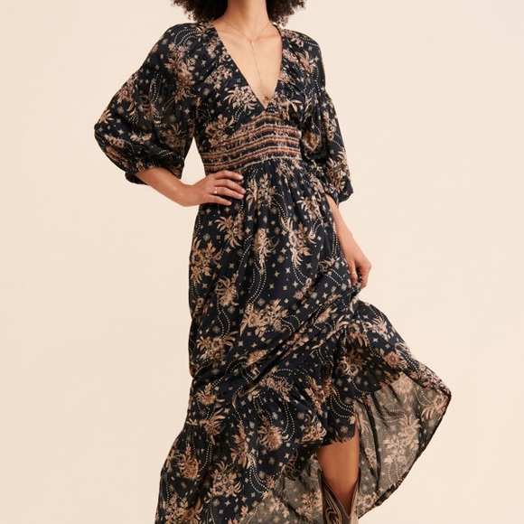 Free People Dresses & Skirts - Free People Golden Hour Smocked Bodice Cotton Maxi Dress Black Combo Brown Med